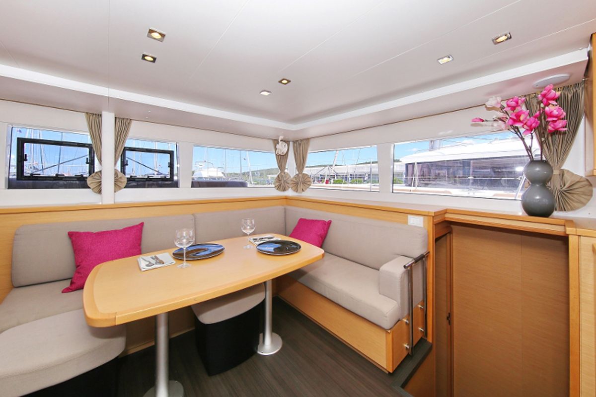 Salon of Mantra, a Lagoon 450 F catamaran at Pirovac, Croatia