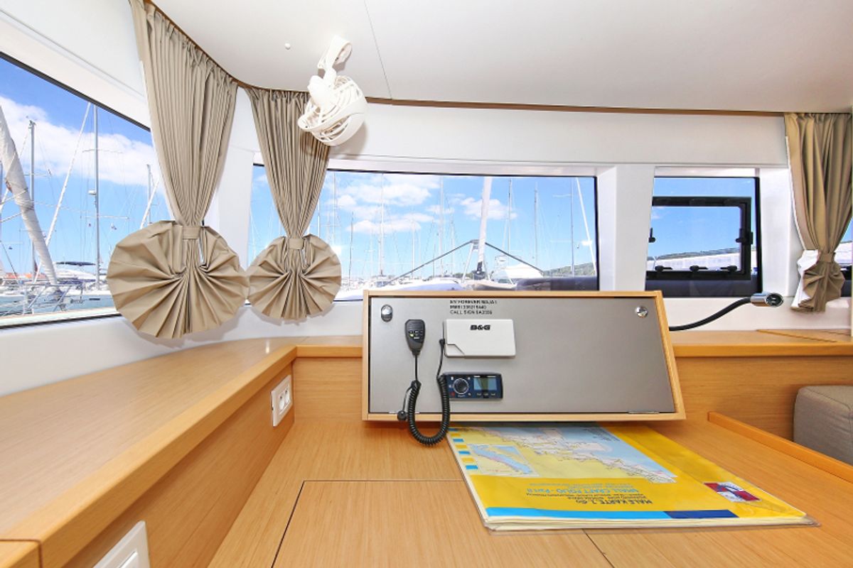 Cockpit of Mantra, a Lagoon 450 F catamaran at Pirovac, Croatia