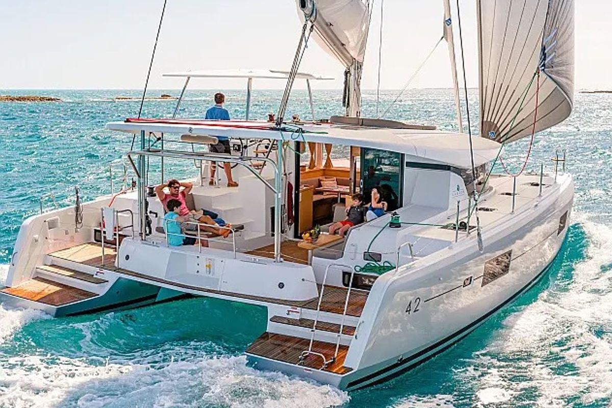 Exterior view of Stardust, a Lagoon 42 catamaran at Grad Trogir, Croatia