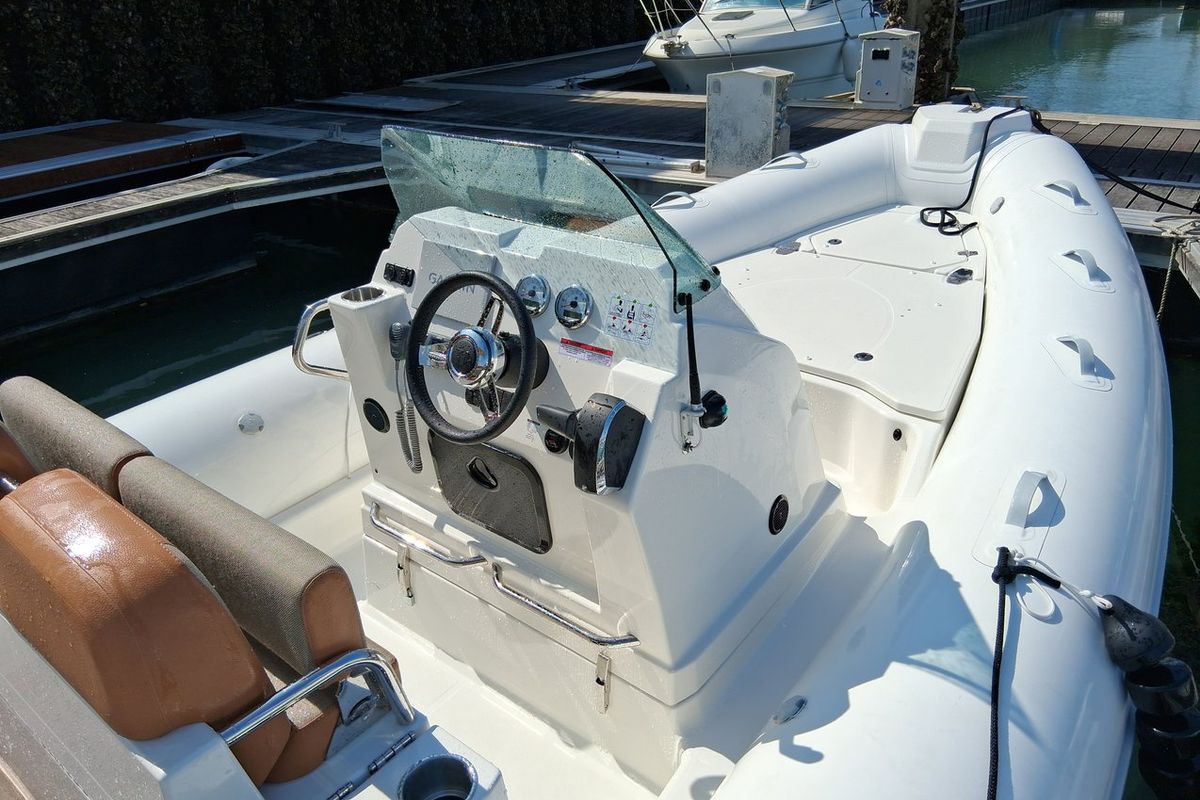 Cockpit of Anouk, a Zodiac Medline 7.5 rib at La Rochelle, France