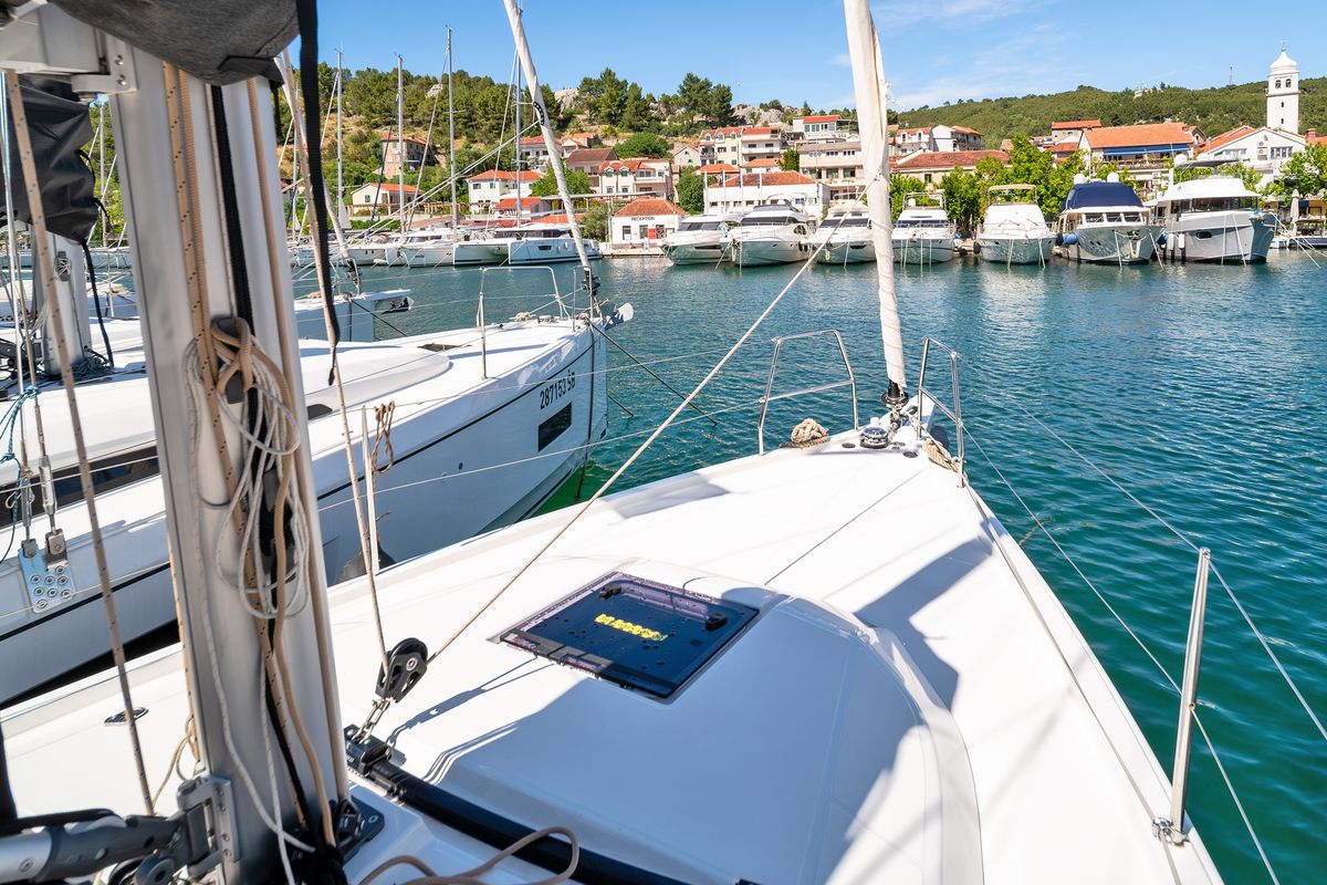 Deck of First Laugh, a Dufour 37 sailboat at Skradin, Croatia