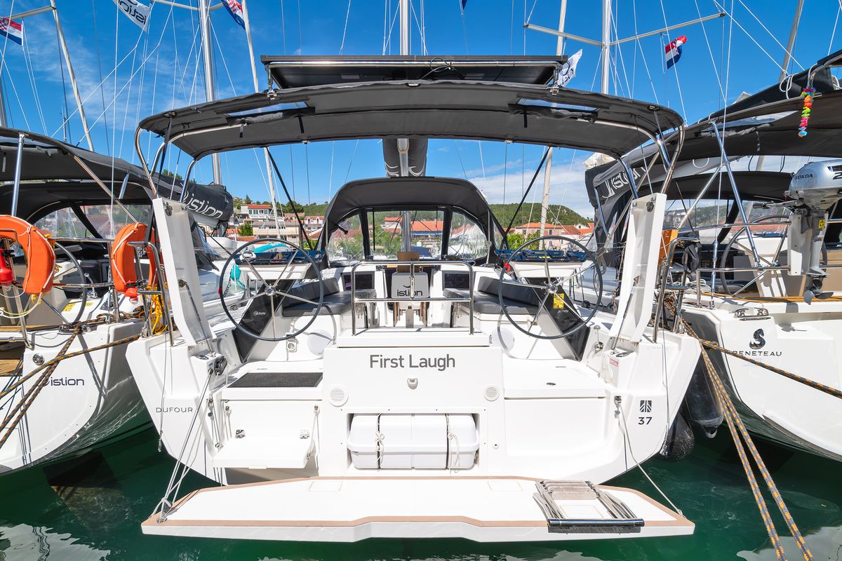 Deck of First Laugh, a Dufour 37 sailboat at Skradin, Croatia