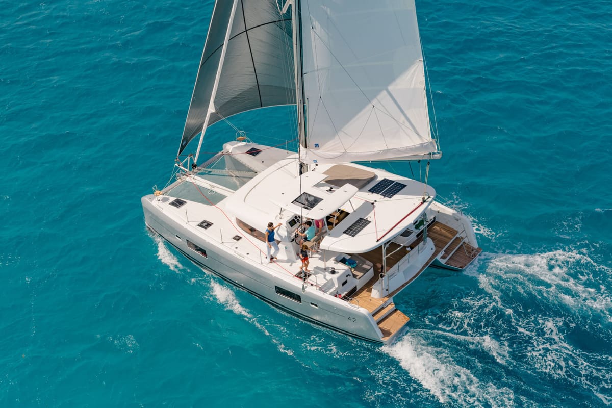 Exterior view of Mario Bros, a Lagoon 42 catamaran at Seget Donji, Croatia