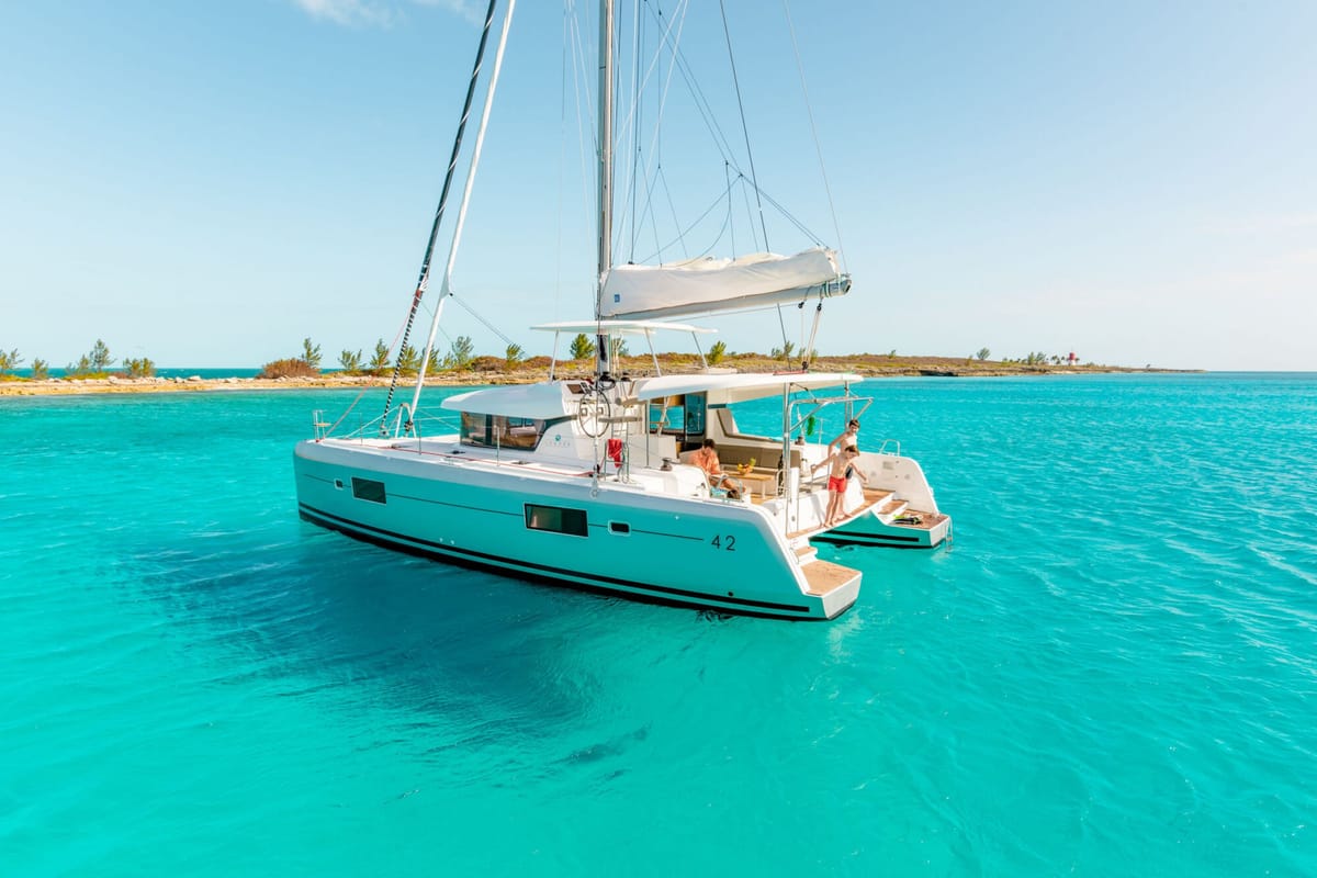 Exterior view of Mario Bros, a Lagoon 42 catamaran at Seget Donji, Croatia