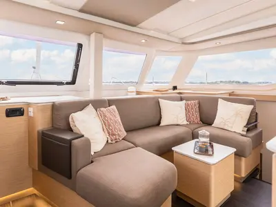 Salon of Stefsun, a Fountaine Pajot FP 41 Quatuor 4 catamaran at Ventimiglia, Italy