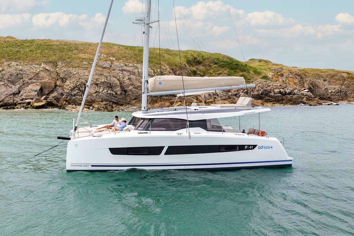 Exterior view of Stefsun, a Fountaine Pajot FP 41 Quatuor 4 catamaran at Ventimiglia, Italy
