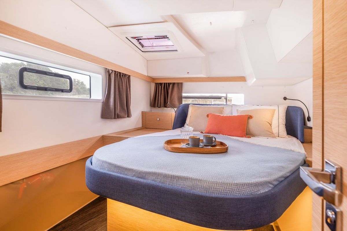 Cabin on Stefsun, a Fountaine Pajot FP 41 Quatuor 4 catamaran at Ventimiglia, Italy