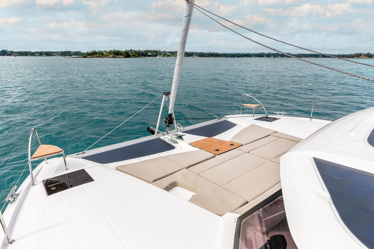 Deck of Stefsun, a Fountaine Pajot FP 41 Quatuor 4 catamaran at Ventimiglia, Italy