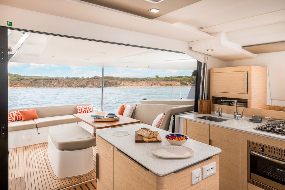 Galley of Stefsun, a Fountaine Pajot FP 41 Quatuor 4 catamaran at Ventimiglia, Italy