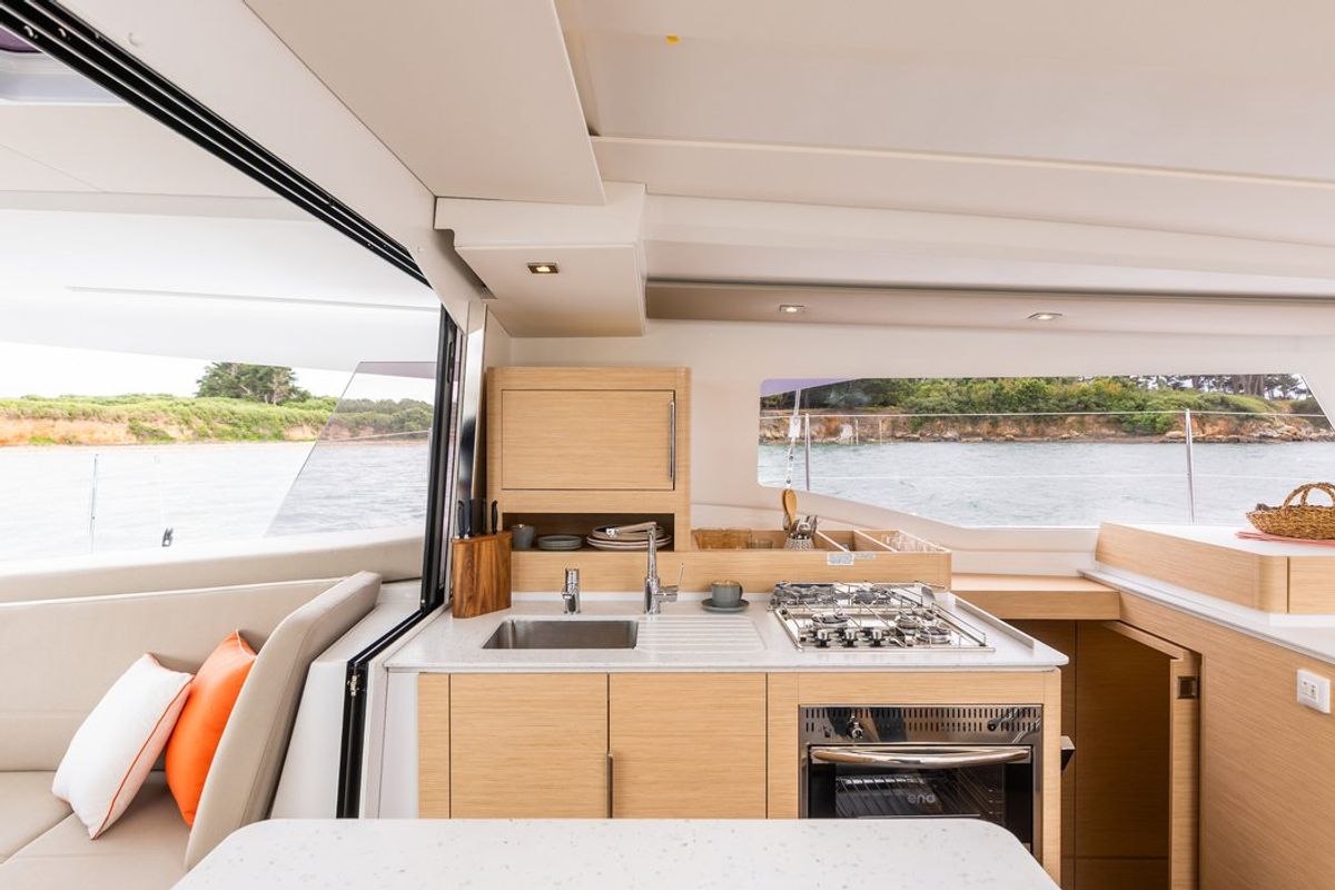 Galley of Stefsun, a Fountaine Pajot FP 41 Quatuor 4 catamaran at Ventimiglia, Italy