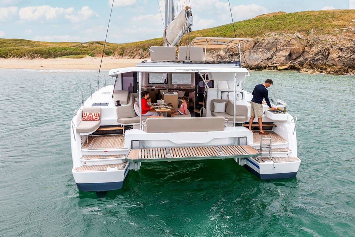 Exterior view of Stefsun, a Fountaine Pajot FP 41 Quatuor 4 catamaran at Ventimiglia, Italy