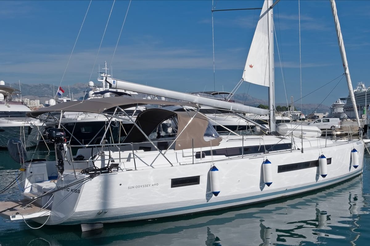 Exterior view of Mystic Kiss, a Jeanneau Sun Odyssey 490 sailboat at Split, Croatia