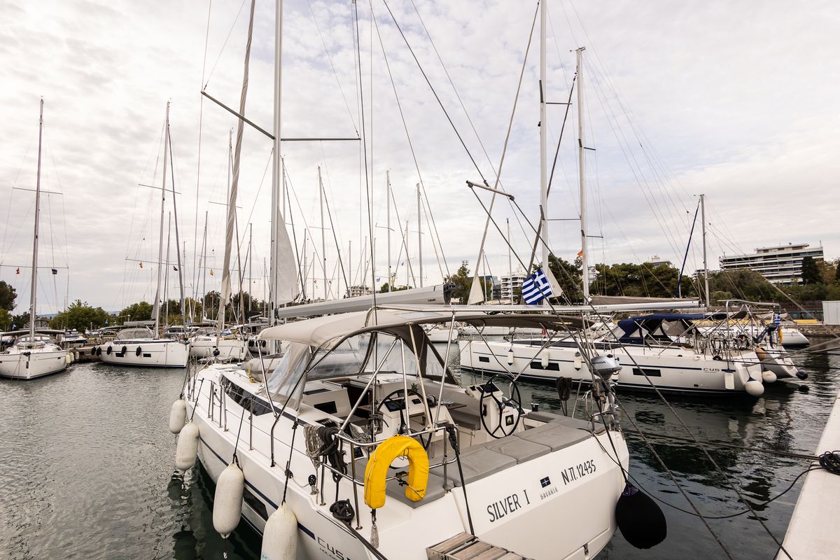 Exterior view of Silver I, a Bavaria C45 sailboat at Municipal Unit of Palairos, Greece