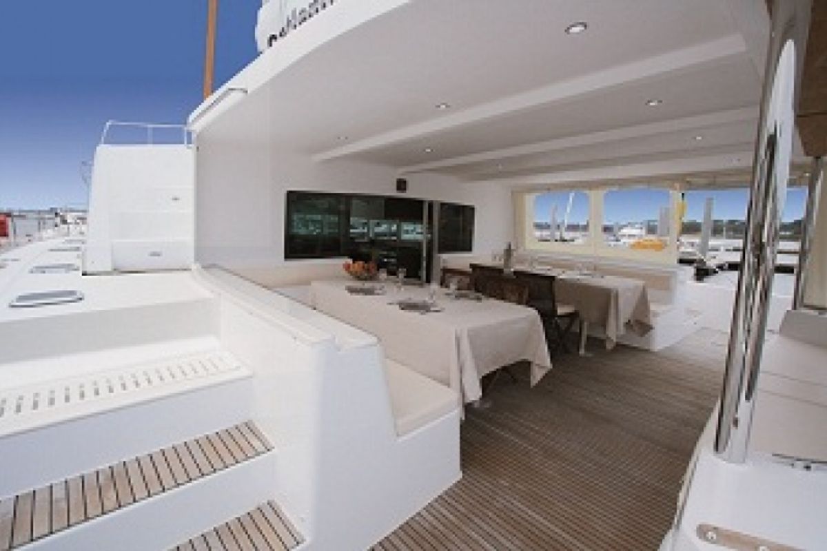 Deck of Bacchus, a Catlante catamarans Catlante 600 catamaran at Eden Island Marina, Seychelles