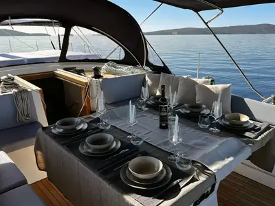 Deck of Marcus D&D Kufner 57, a D&D Kufner 57 sailboat at Grad Trogir, Croatia
