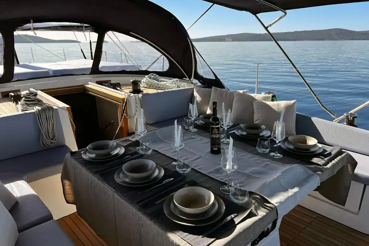 Deck of Marcus D&D Kufner 57, a D&D Kufner 57 sailboat at Grad Trogir, Croatia