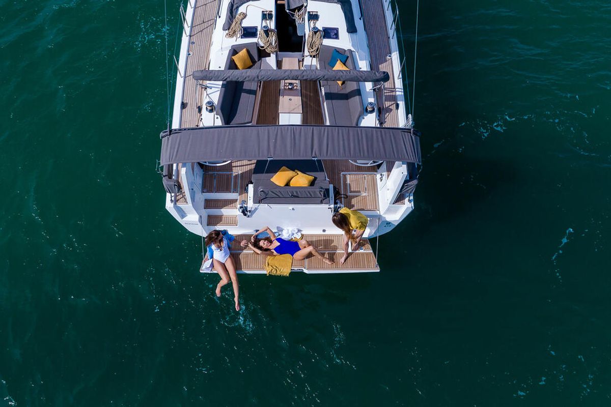 Deck of Reventador 2, a Dufour 470 sailboat at Road Town, British Virgin Islands
