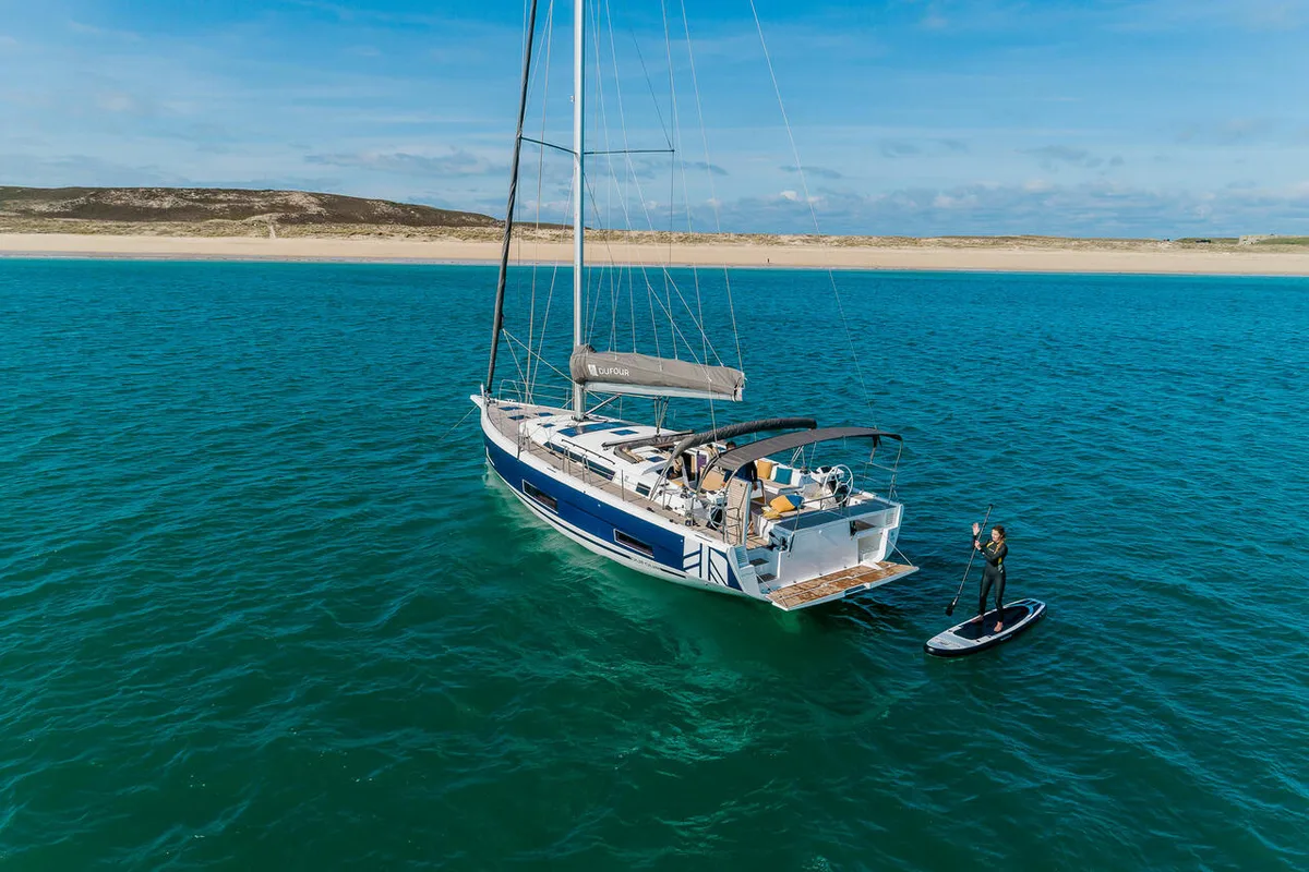 Exterior view of Reventador 2, a Dufour 470 sailboat at Road Town, British Virgin Islands