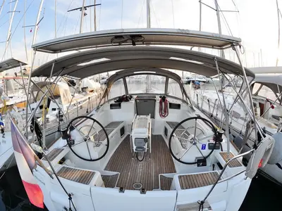 Cockpit of Aeriko, a Jeanneau Sun Odyssey 439 sailboat at Athens, Greece