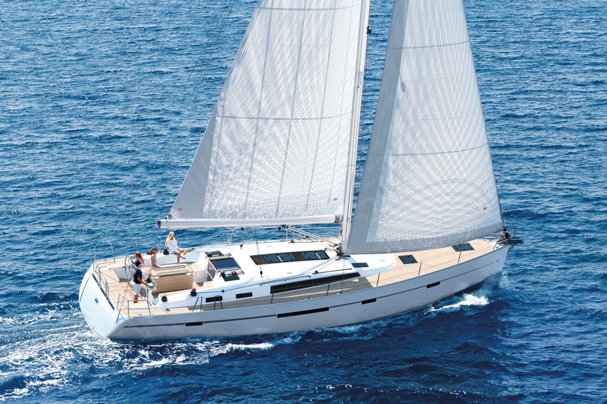 Exterior view of Kallirrhoe, a Bavaria Cruiser 56 sailboat at Lavreotiki Municipal Unit, Greece