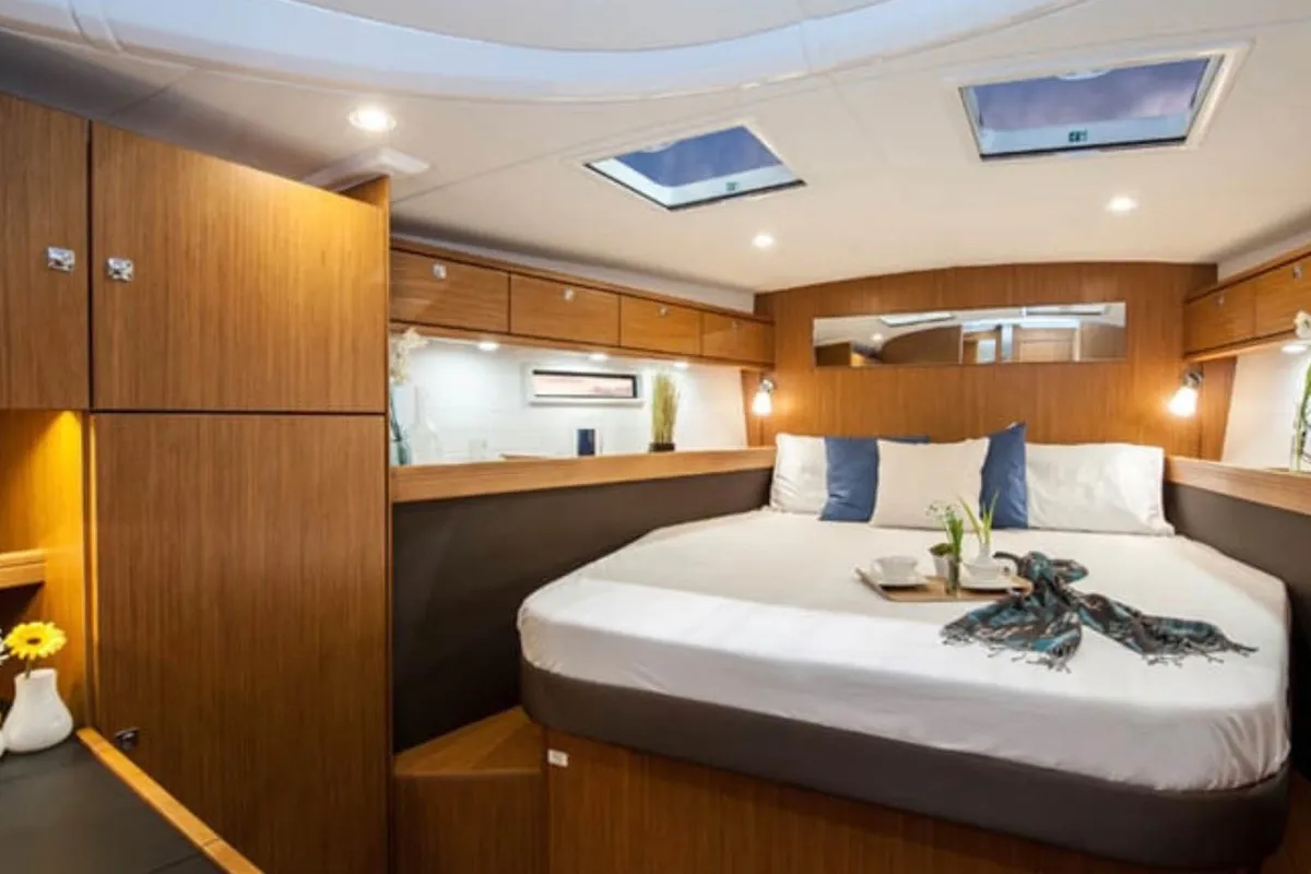 Cabin on Kallirrhoe, a Bavaria Cruiser 56 sailboat at Lavreotiki Municipal Unit, Greece
