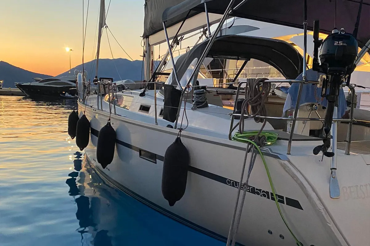 Exterior view of Kallirrhoe, a Bavaria Cruiser 56 sailboat at Lavreotiki Municipal Unit, Greece