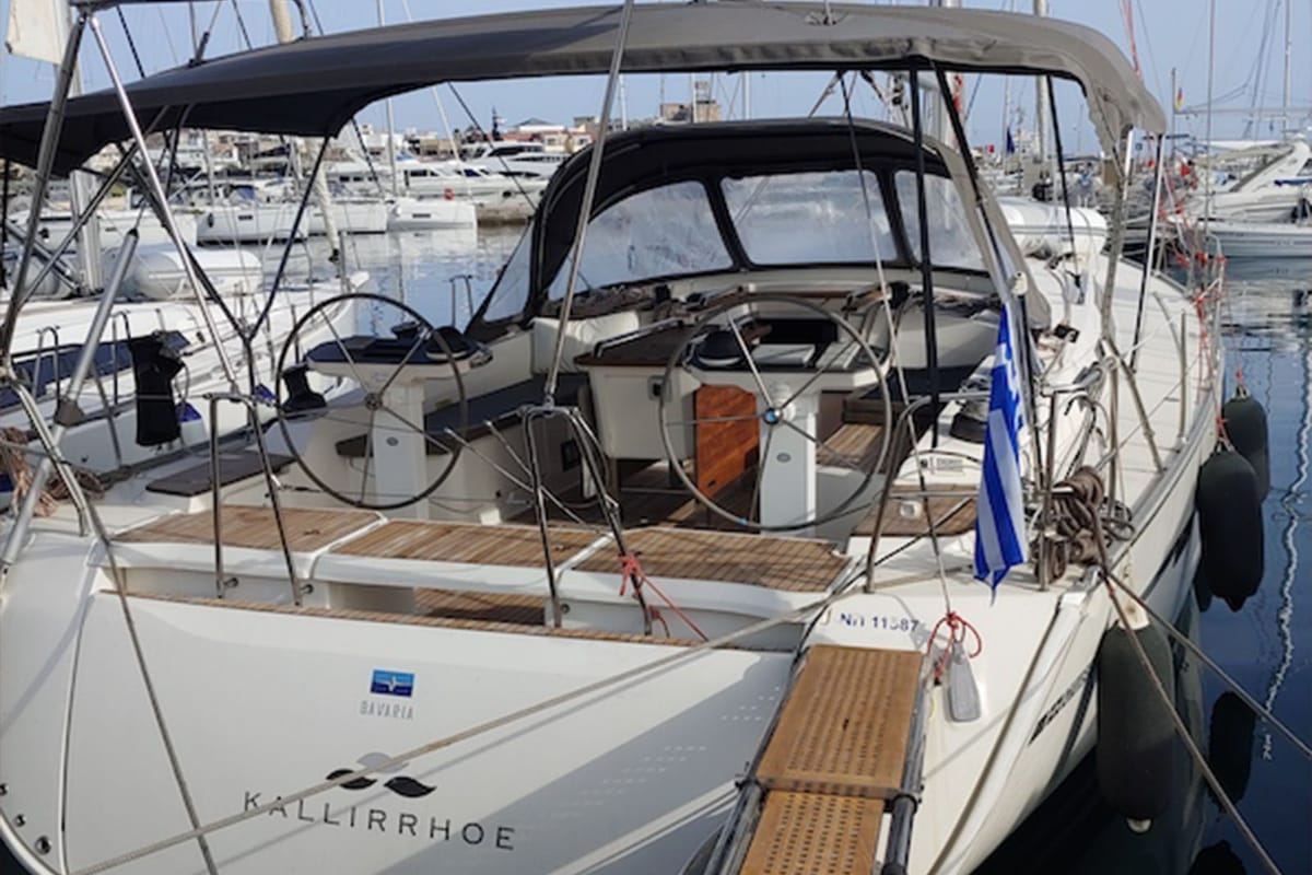 Exterior view of Kallirrhoe, a Bavaria Cruiser 56 sailboat at Lavreotiki Municipal Unit, Greece