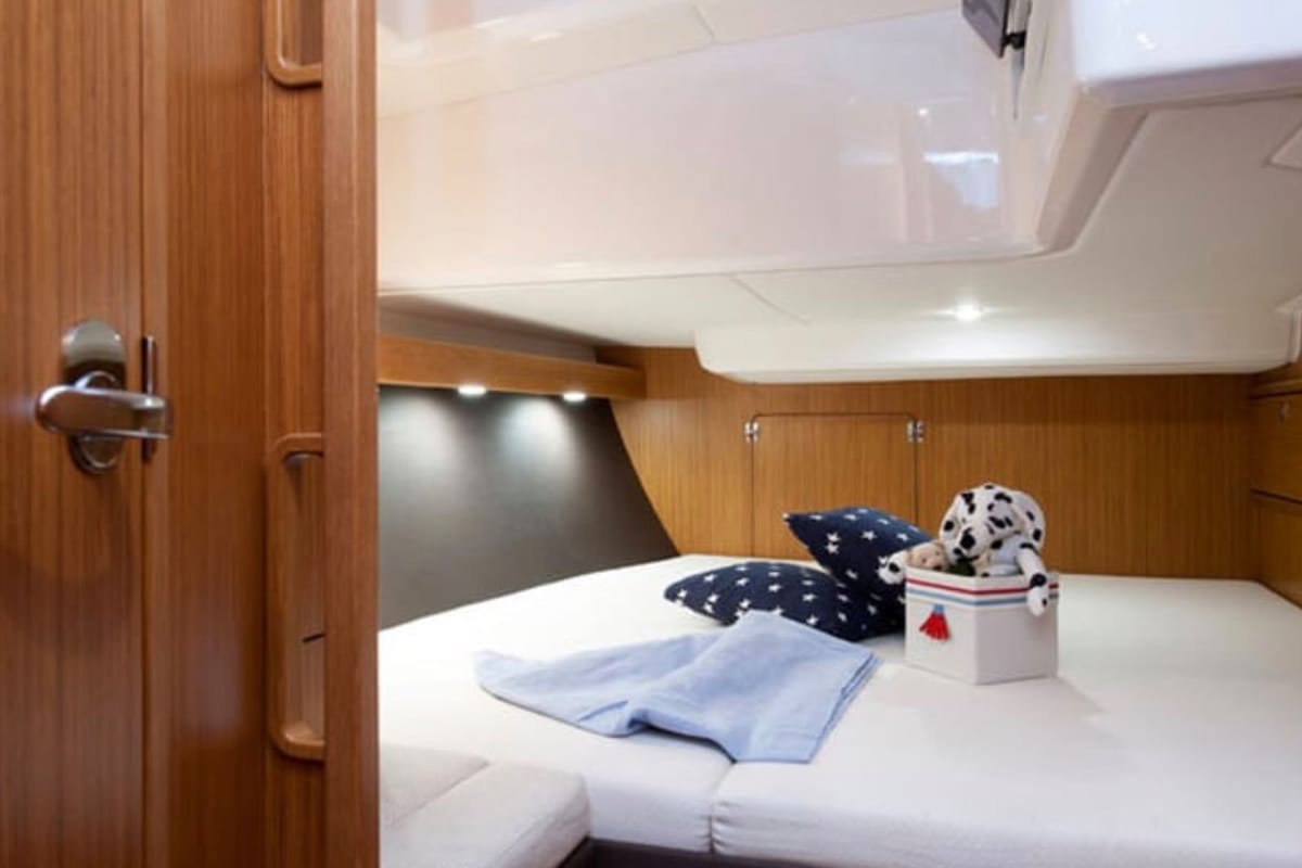 Cabin on Kallirrhoe, a Bavaria Cruiser 56 sailboat at Lavreotiki Municipal Unit, Greece