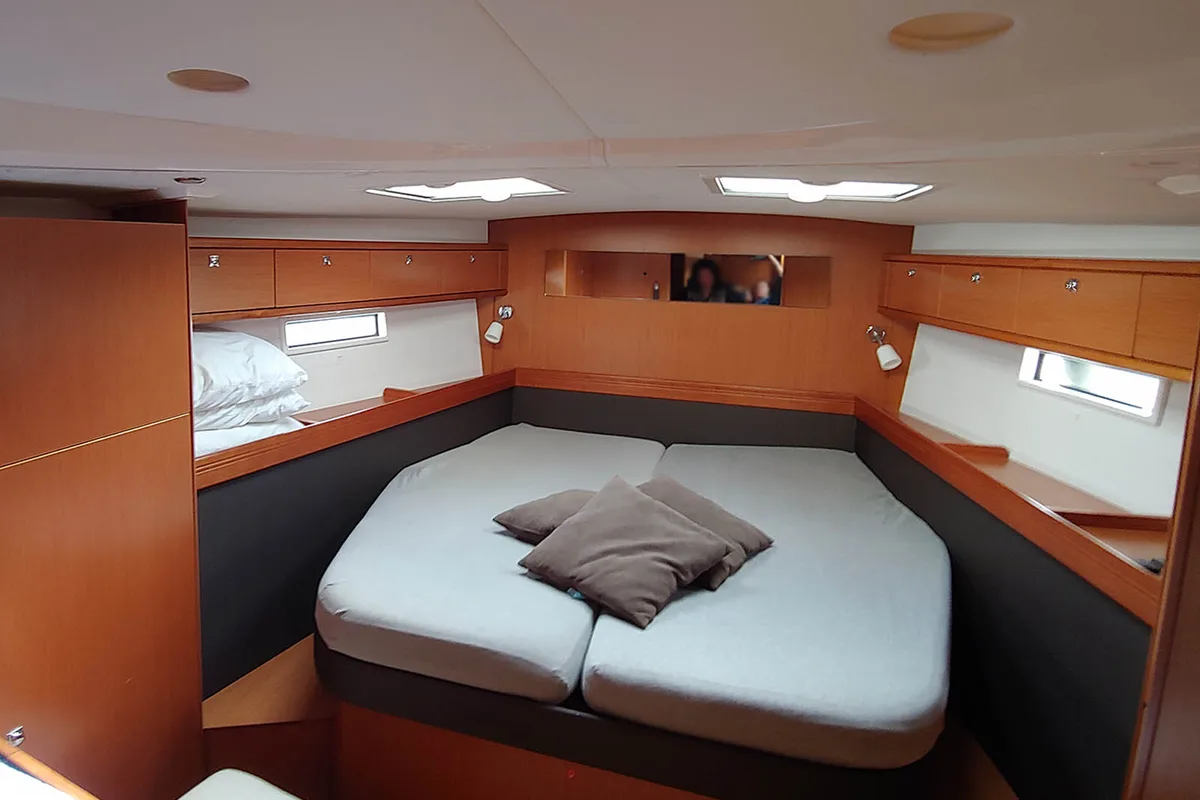 Cabin on Kallirrhoe, a Bavaria Cruiser 56 sailboat at Lavreotiki Municipal Unit, Greece