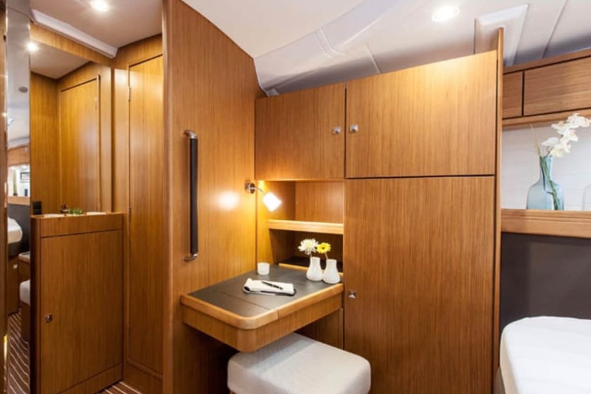 Cabin on Kallirrhoe, a Bavaria Cruiser 56 sailboat at Lavreotiki Municipal Unit, Greece