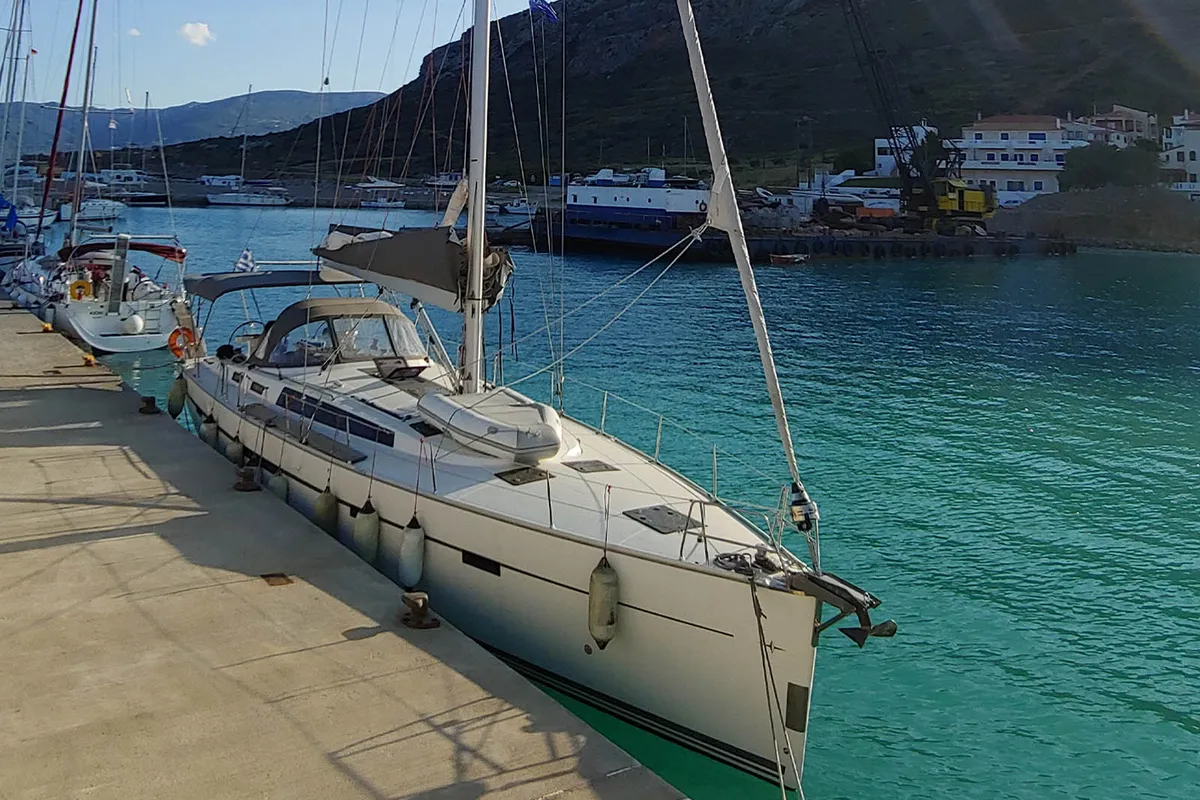 Exterior view of Kallirrhoe, a Bavaria Cruiser 56 sailboat at Lavreotiki Municipal Unit, Greece