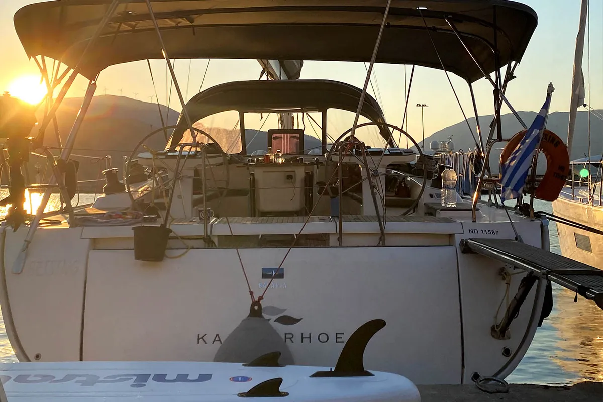 Exterior view of Kallirrhoe, a Bavaria Cruiser 56 sailboat at Lavreotiki Municipal Unit, Greece