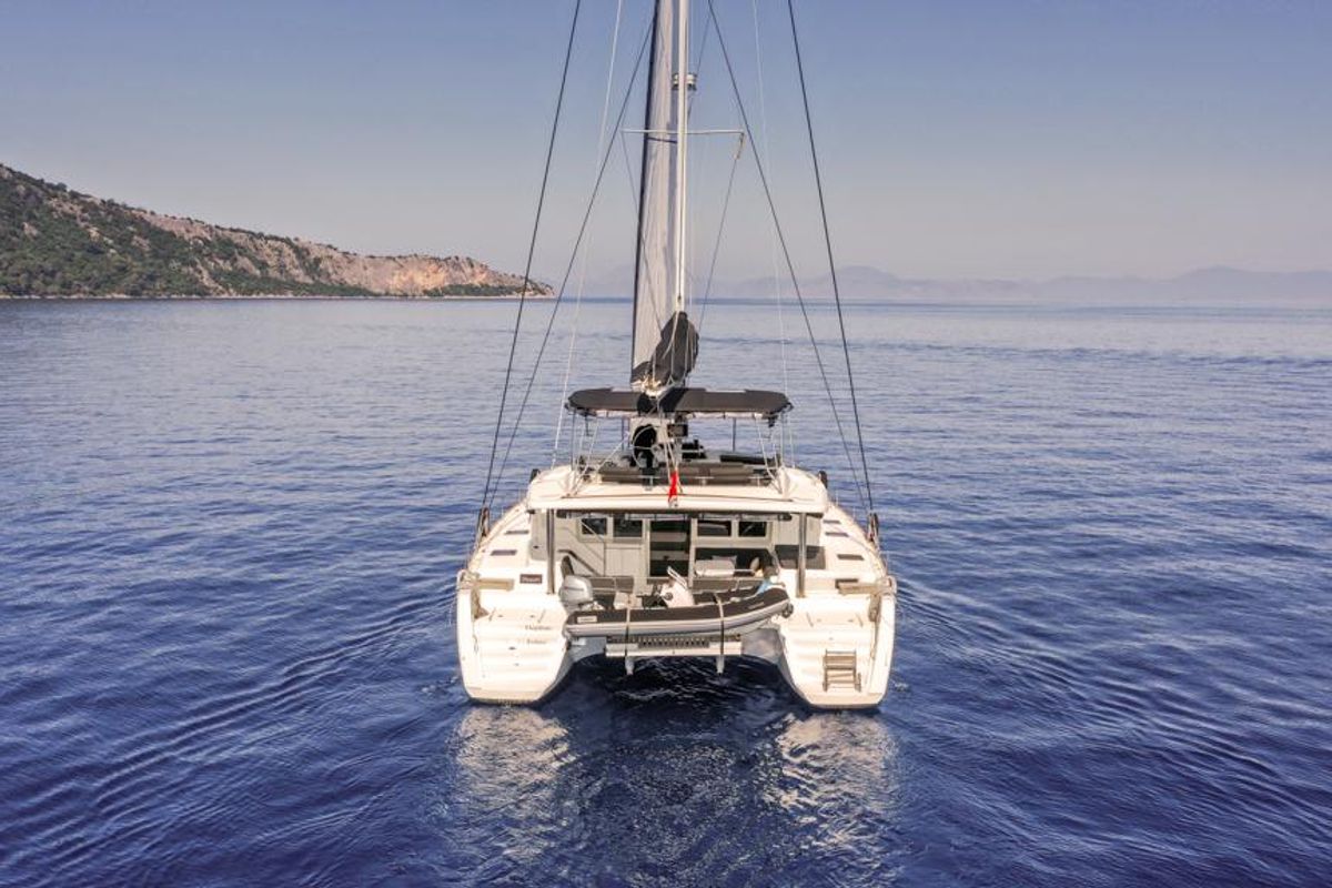 Exterior view of Daphne, a Lagoon 52 F catamaran at Fethiye, Turkey