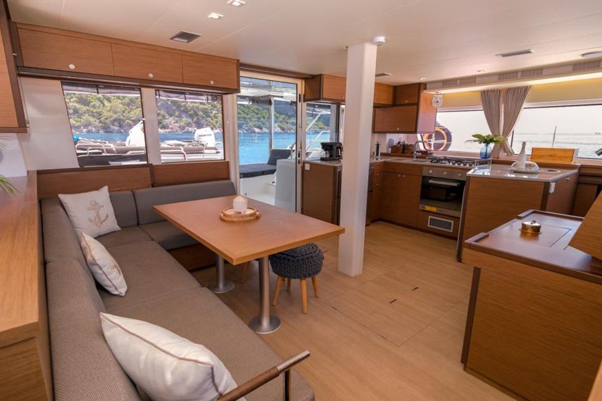 Salon of Daphne, a Lagoon 52 F catamaran at Fethiye, Turkey