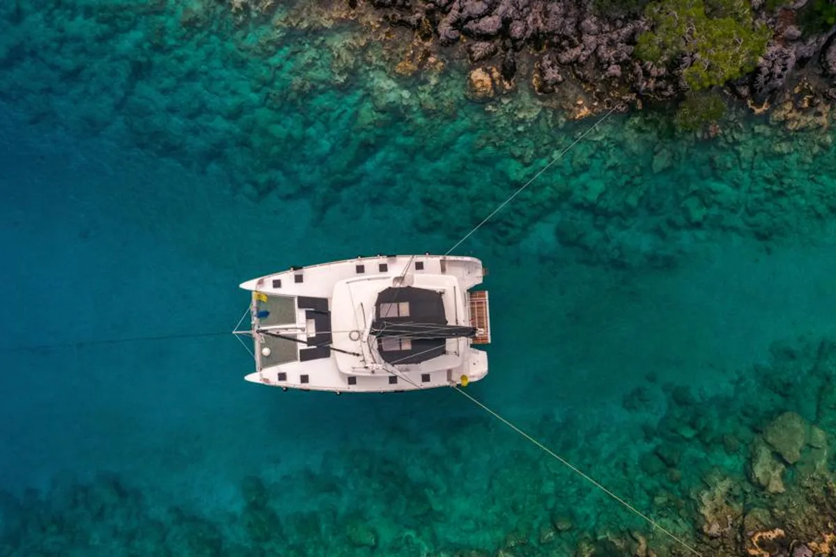 Exterior view of Daphne, a Lagoon 52 F catamaran at Fethiye, Turkey