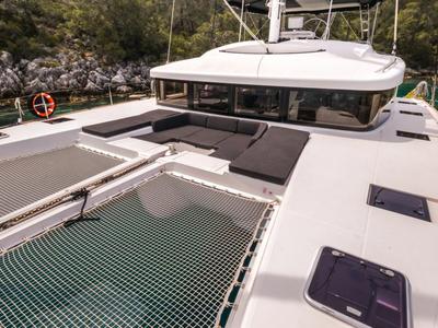 Deck of Daphne, a Lagoon 52 F catamaran at Fethiye, Turkey