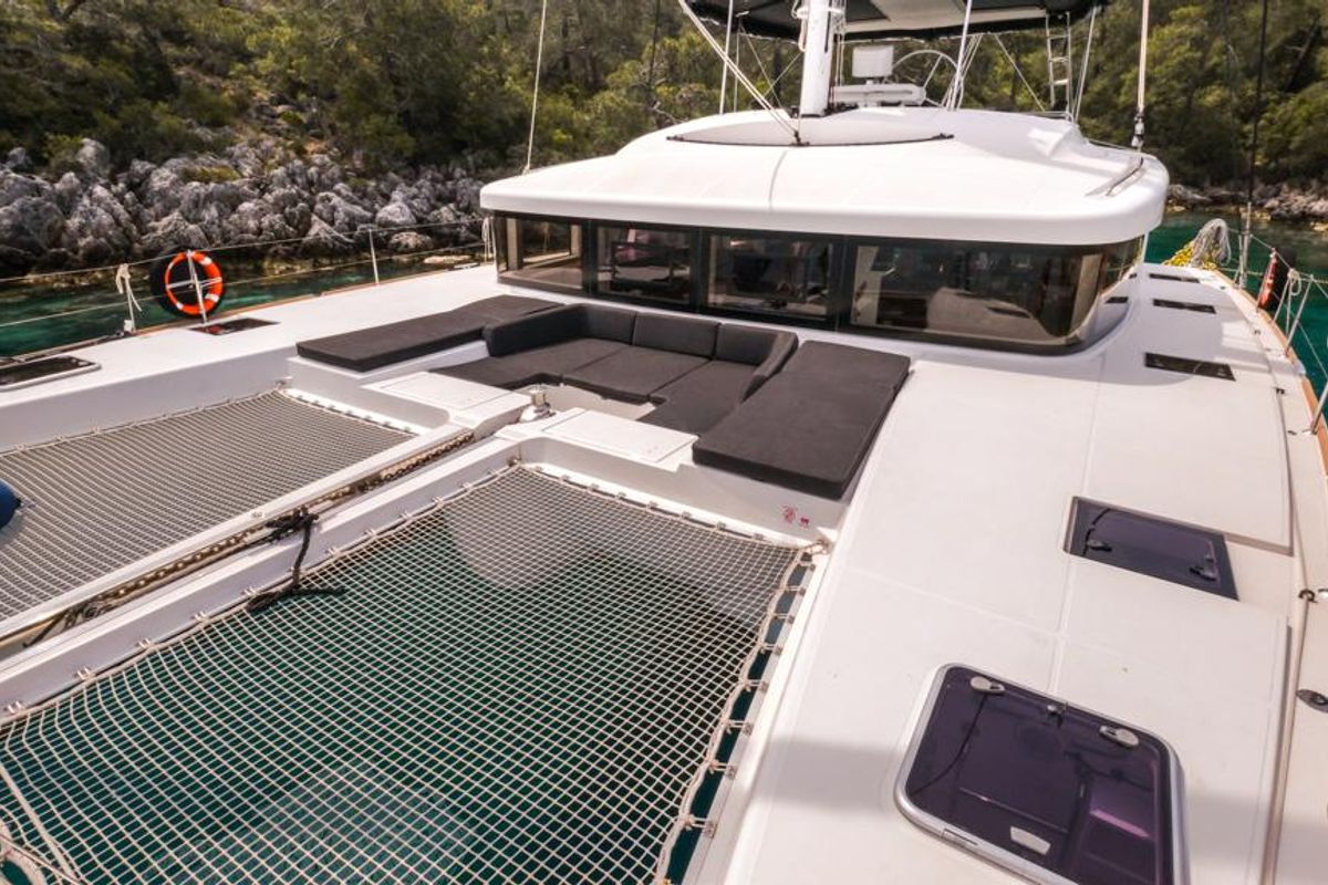 Deck of Daphne, a Lagoon 52 F catamaran at Fethiye, Turkey