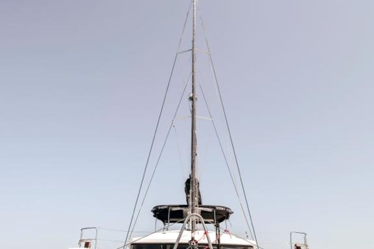 Exterior view of Daphne, a Lagoon 52 F catamaran at Fethiye, Turkey