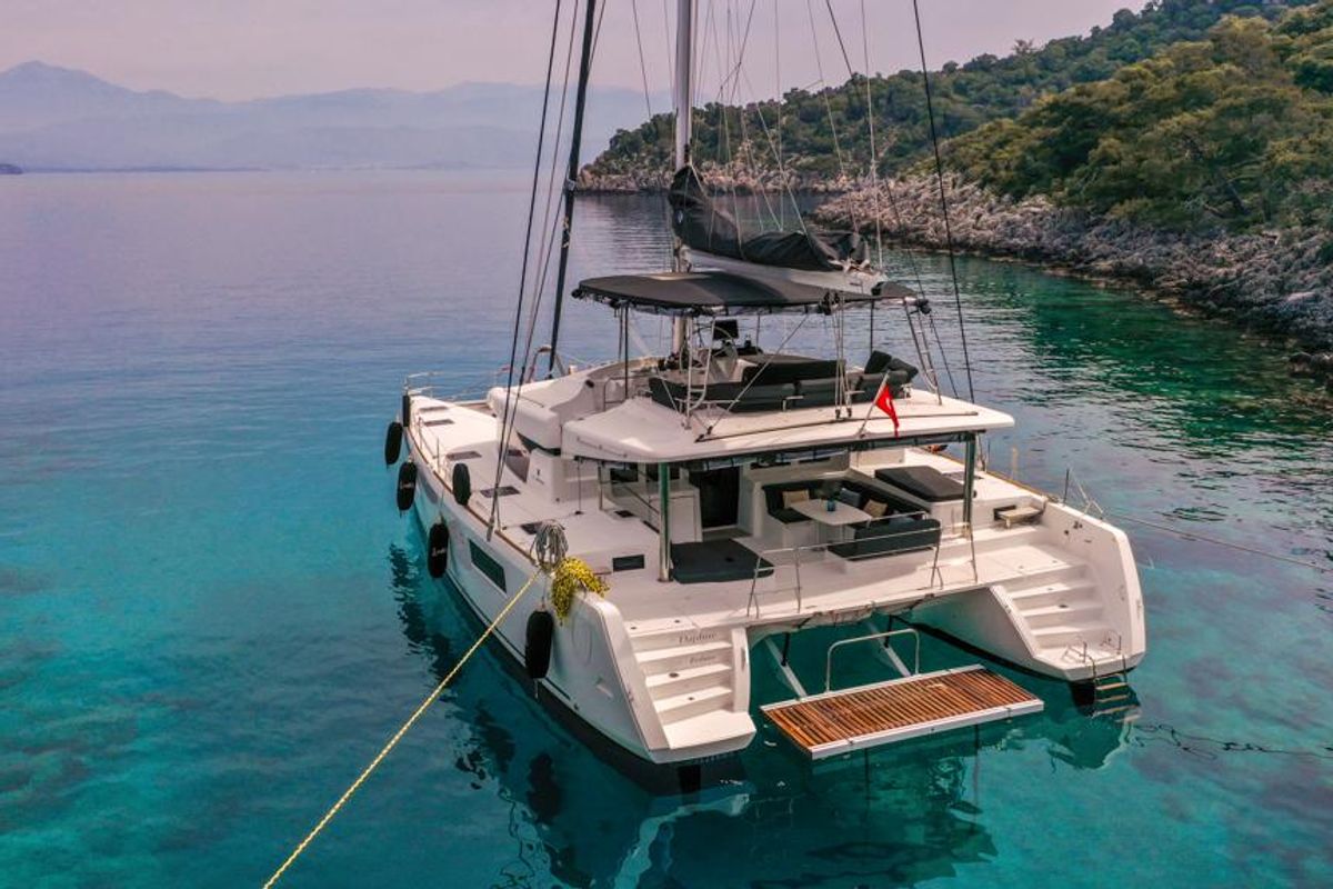 Exterior view of Daphne, a Lagoon 52 F catamaran at Fethiye, Turkey