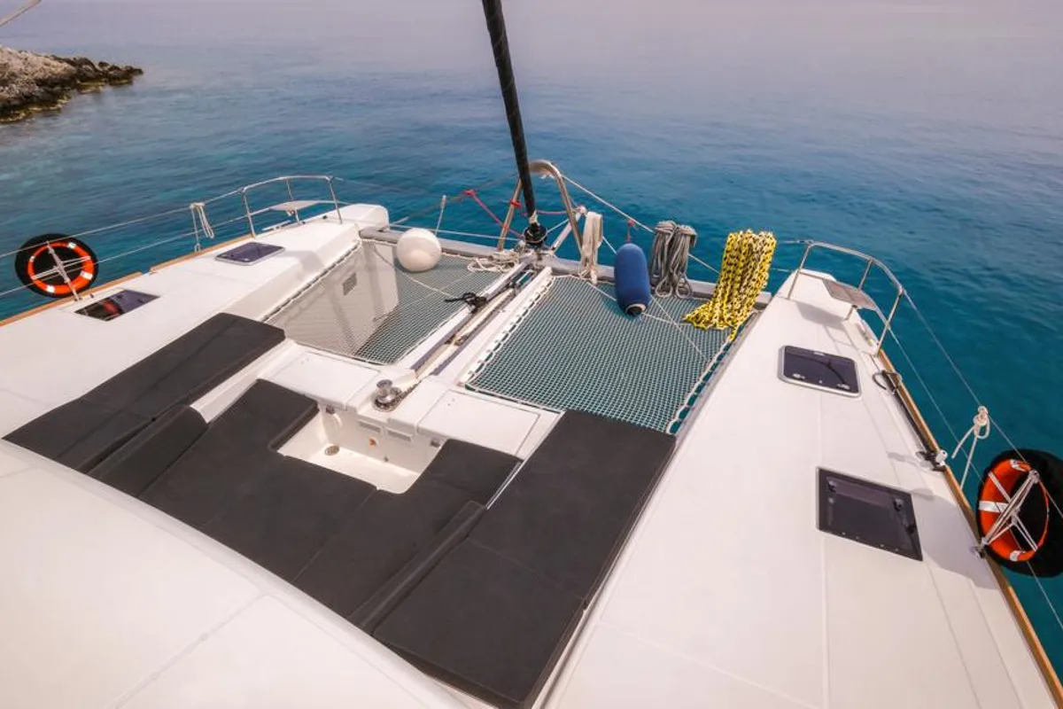 Deck of Daphne, a Lagoon 52 F catamaran at Fethiye, Turkey