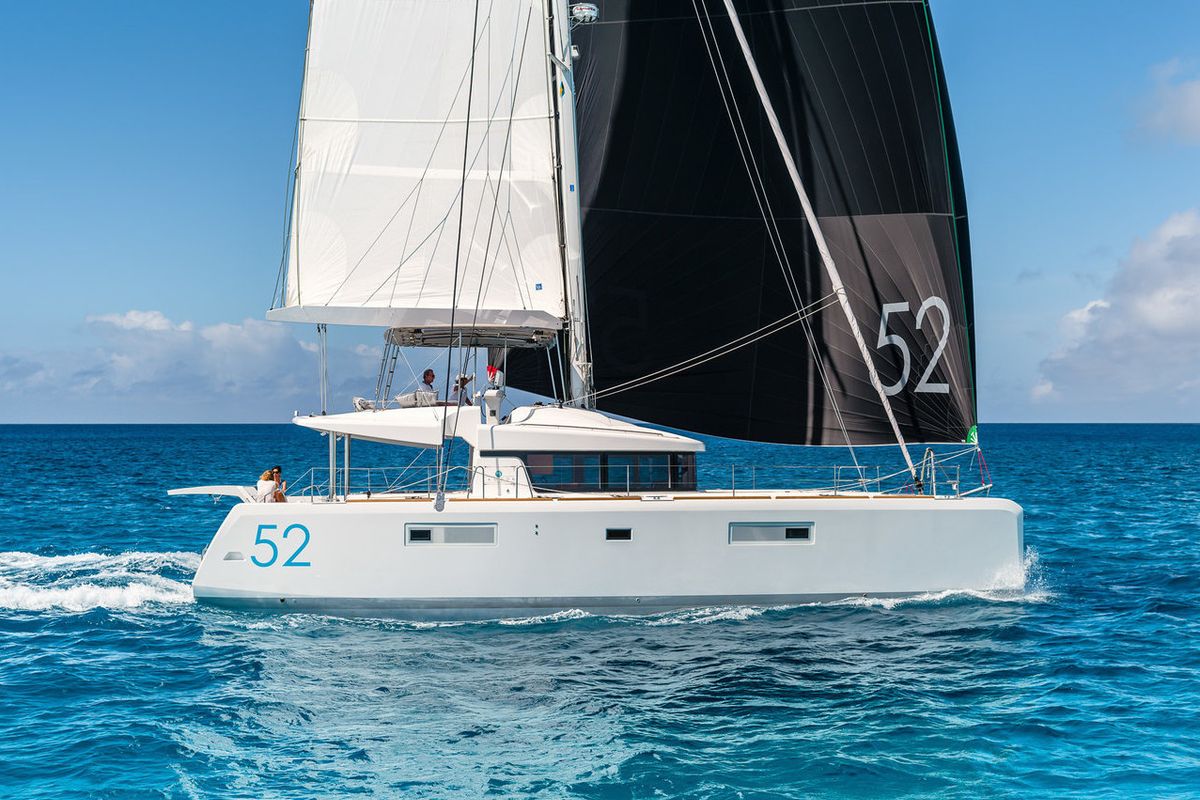 Exterior view of Daphne, a Lagoon 52 F catamaran at Fethiye, Turkey