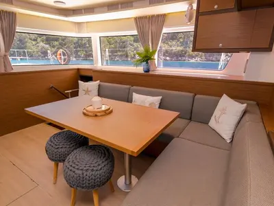 Salon of Daphne, a Lagoon 52 F catamaran at Fethiye, Turkey