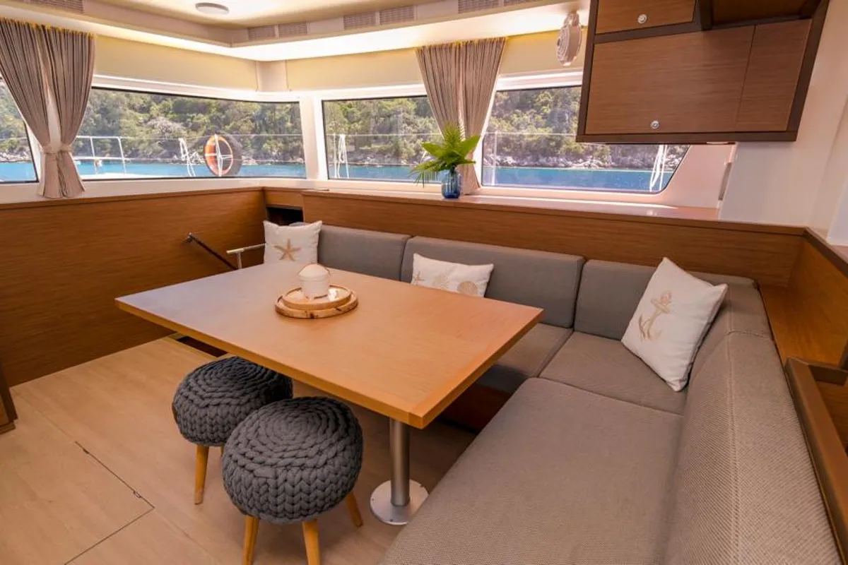 Salon of Daphne, a Lagoon 52 F catamaran at Fethiye, Turkey