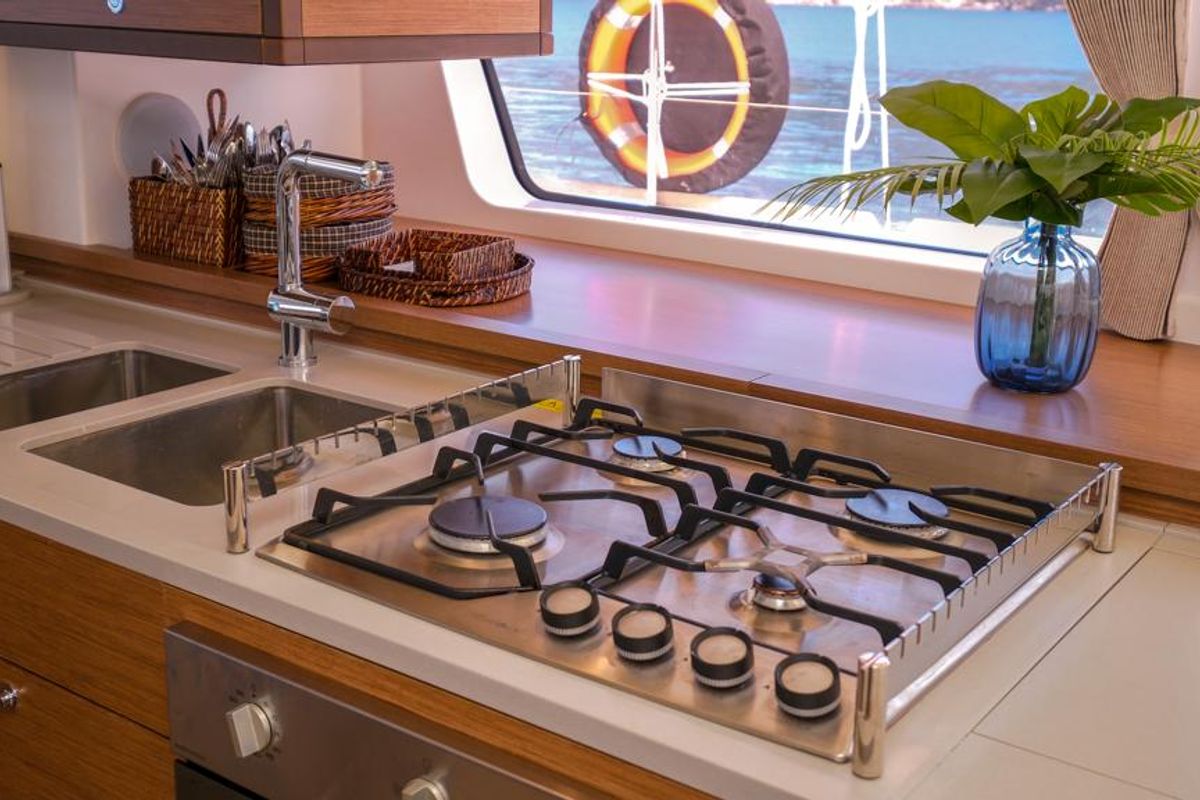 Galley of Daphne, a Lagoon 52 F catamaran at Fethiye, Turkey