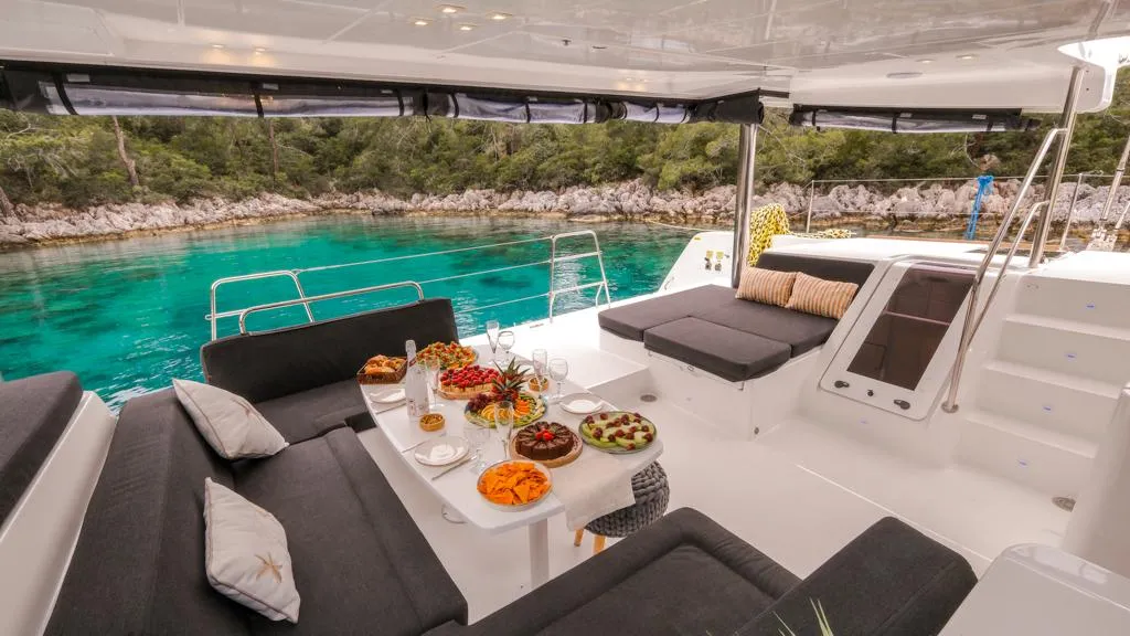 Deck of Daphne, a Lagoon 52 F catamaran at Fethiye, Turkey
