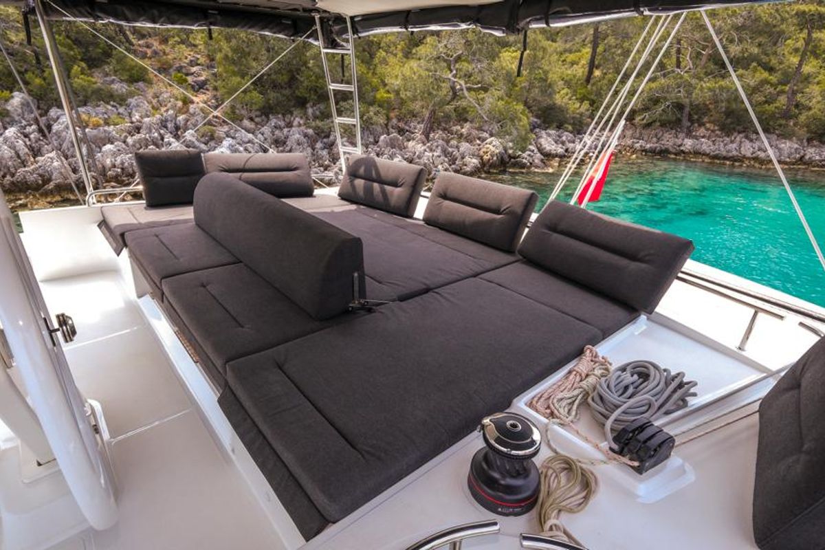 Deck of Daphne, a Lagoon 52 F catamaran at Fethiye, Turkey
