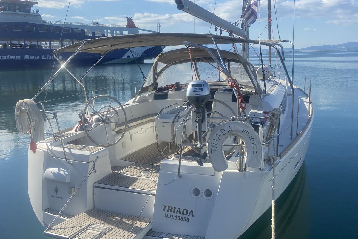 Exterior view of Triada, a Jeanneau Sun Odyssey 439 sailboat at Panorama, Greece
