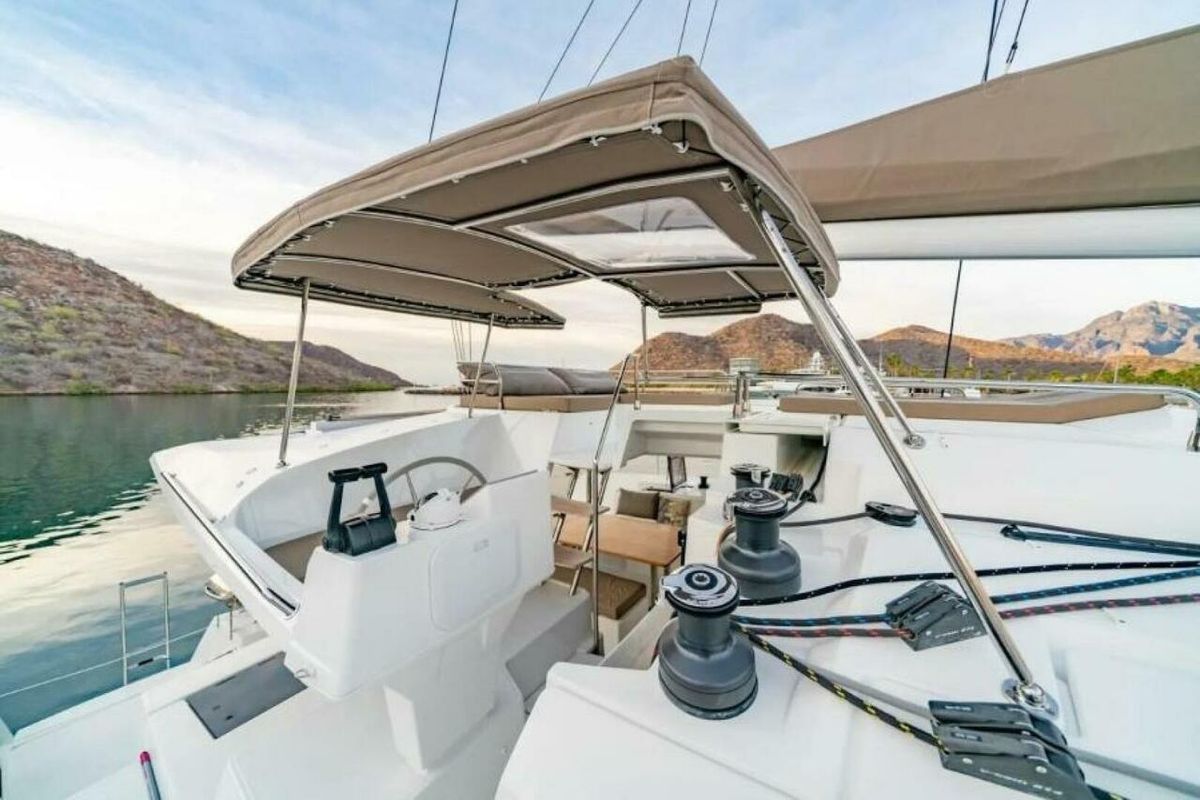 Cockpit of Balam, a Fountaine Pajot Saba 50 catamaran at La Paz, Mexico