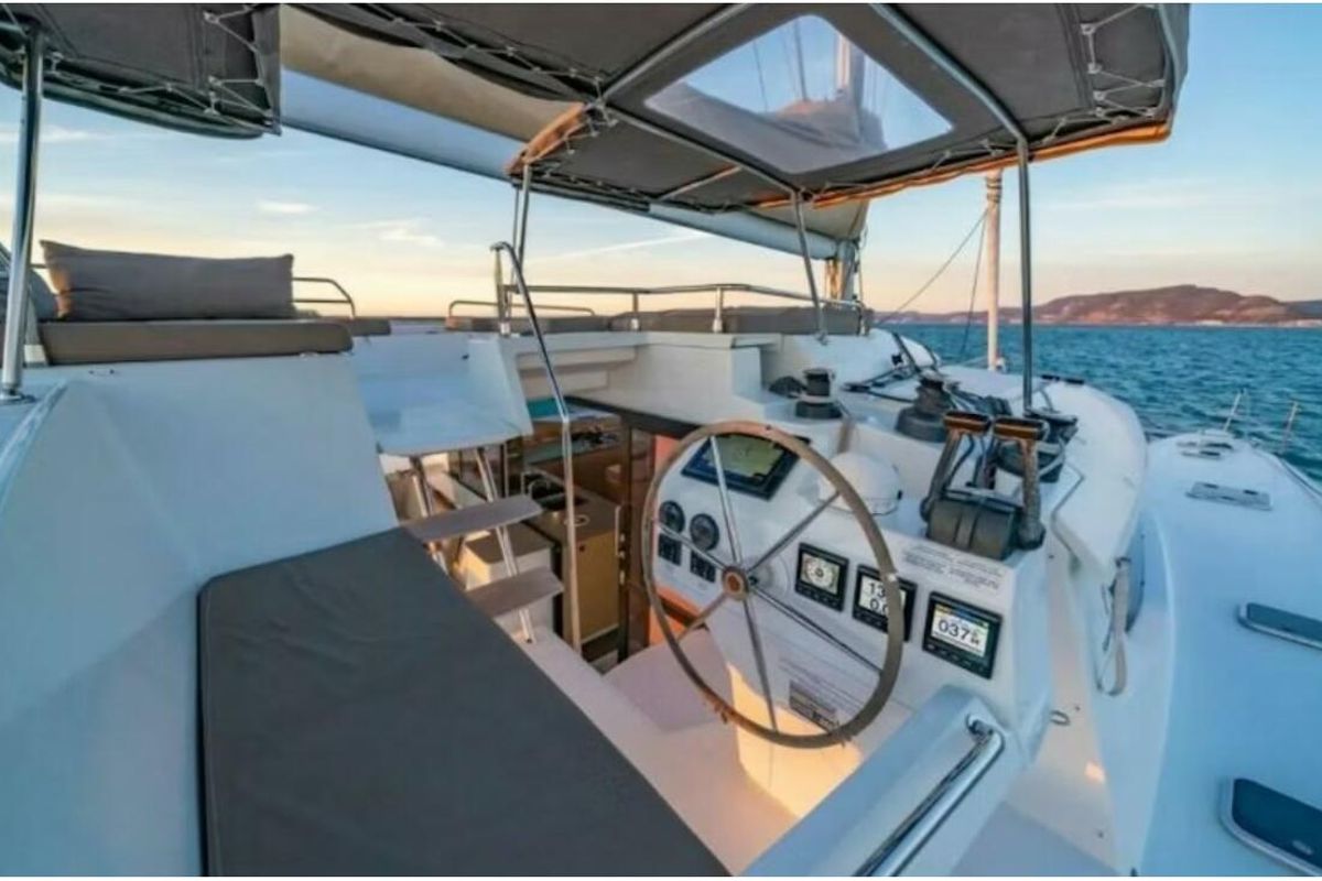 Cockpit of Balam, a Fountaine Pajot Saba 50 catamaran at La Paz, Mexico