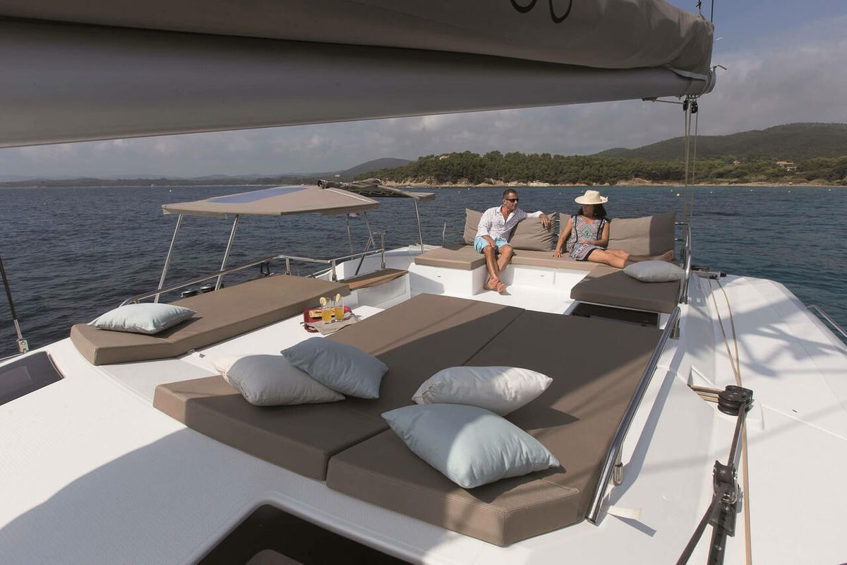 Deck of Balam, a Fountaine Pajot Saba 50 catamaran at La Paz, Mexico